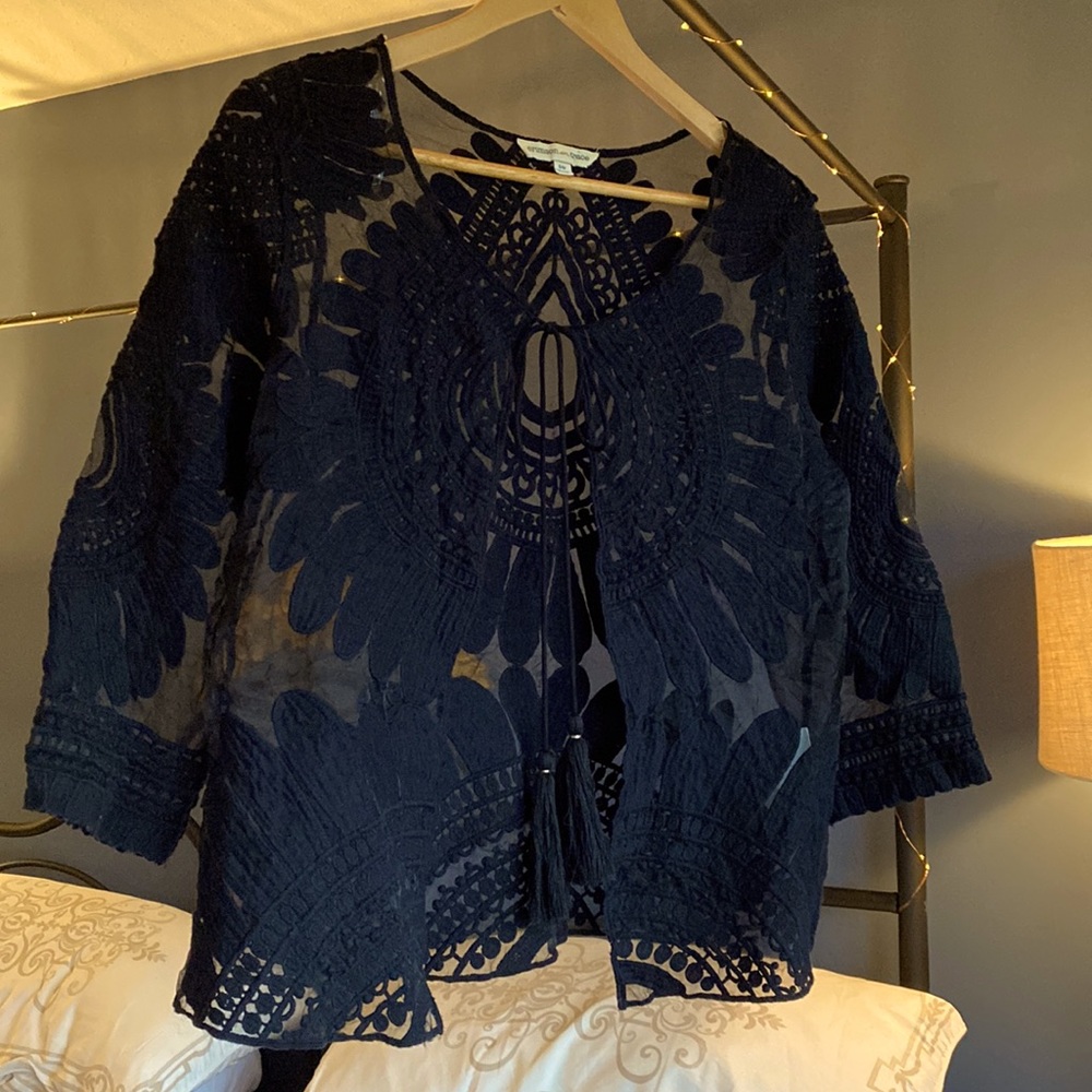 Black Boho Embroidered Tie Up Cardigan